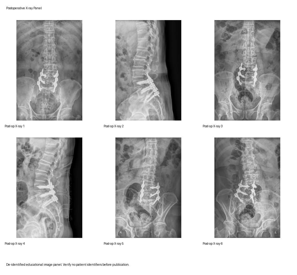 De-identified postoperative radiograph after UBE-TLIF L4-5-S1 for post-laminectomy recurrent stenosis and bilateral foraminal stenosis.