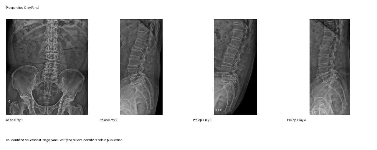 De-identified preoperative radiograph for post-laminectomy recurrent stenosis and bilateral foraminal stenosis educational case.