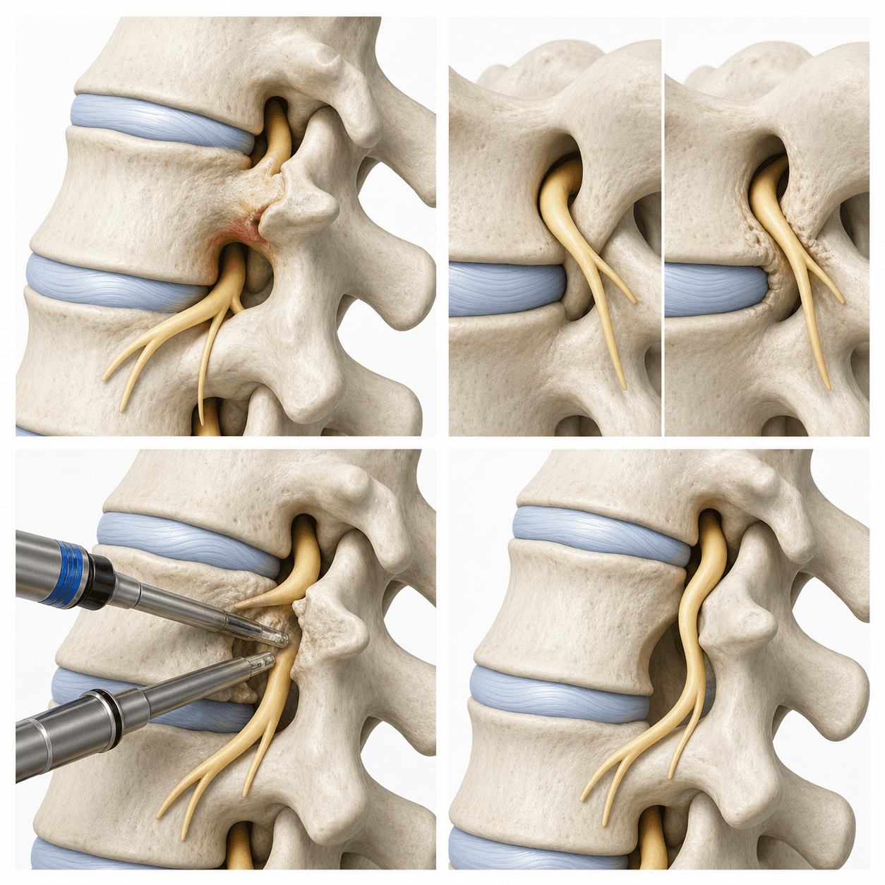 AI-generated 3D medical board showing cervical foraminal stenosis, nerve-root narrowing, posterior endoscopic foraminotomy, and a wider nerve exit