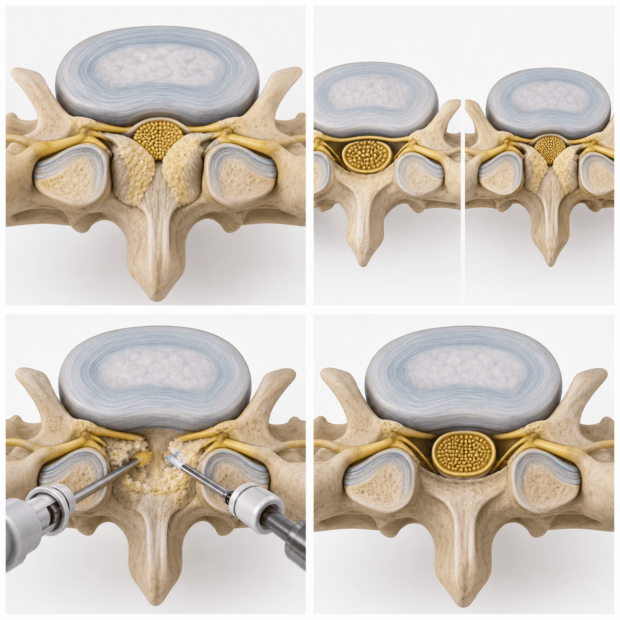 AI-generated 3D medical board showing lumbar spinal stenosis, comparison with a wider canal, endoscopic decompression, and a decompressed nerve corridor