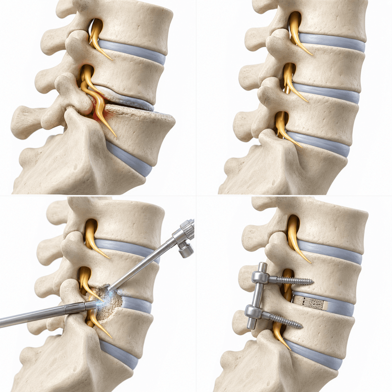 AI-generated 3D medical board showing lumbar spondylolisthesis, nerve compression, decompression, and an example of instrumented fusion
