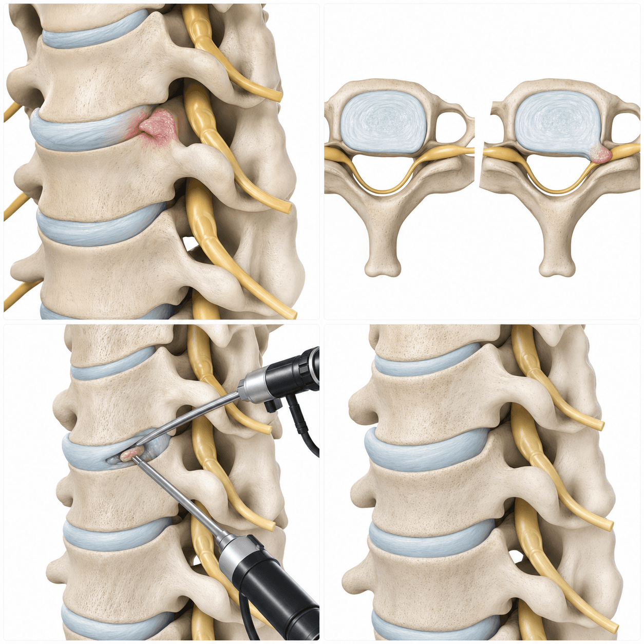 AI-generated 3D medical board showing cervical disc herniation, nerve-root compression, a posterior endoscopic approach, and a decompressed nerve corridor