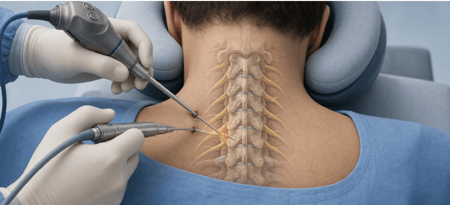 AI-generated 3D illustration of posterior cervical biportal endoscopic foraminotomy and selected disc removal