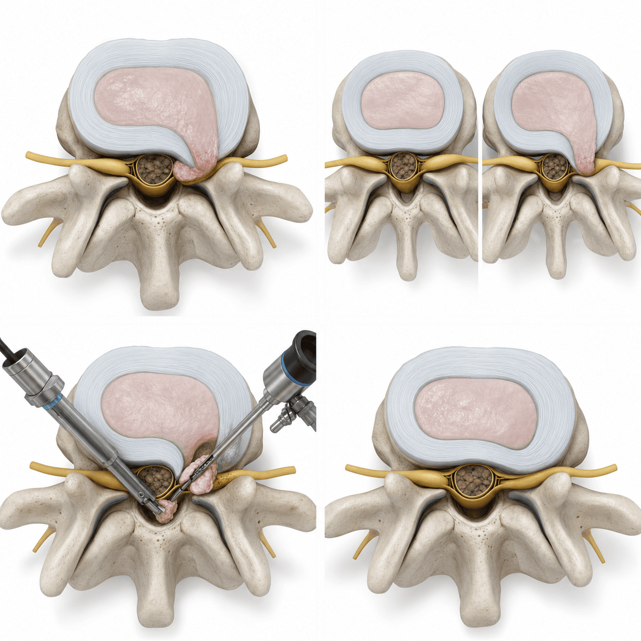 AI-generated 3D medical board showing lumbar disc herniation, nerve compression, endoscopic access, and a decompressed nerve corridor